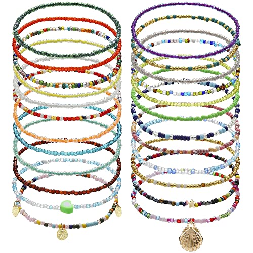 Lucktao 24 Stück bunte Perlen fußkette,Boho fußkette damen,Handgefertigte Perlen Fußkettchen,fusskettenchen,Perlen Fußkettchen Set Strand Boho Mädchen Frauenc für Damen und Mädchen verstellbares von Lucktao