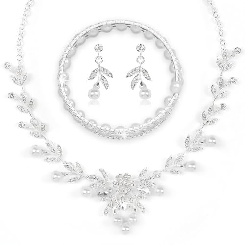 Lucktao 3 Stück Brautschmuck set Silber,Halskette Armband Ohrringe in Form Blattes mit Perlen und Zirkonia,Strass Hochzeit Schmuck Set,Allergenfrei Hochzeitsschmuck für Braut,Schmucksets für Damen Lucktao 3 Stück Brautschmuck set Silber,Halskette Armband Ohrringe in Form Blattes mit Perlen und Zirkonia,Strass Hochzeit Schmuck Set,Allergenfrei Hochzeitsschmuck für Braut,Schmucksets für Damen von Lucktao