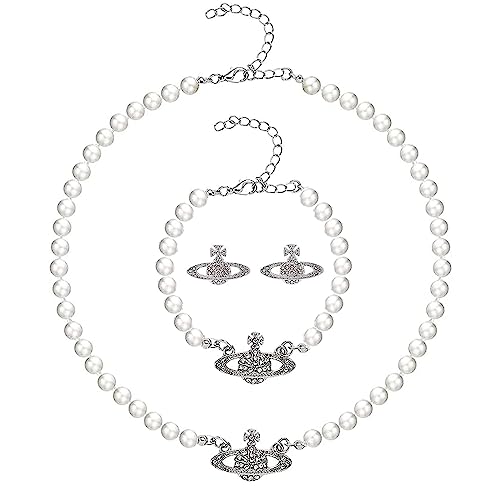 Lucktao 3 Stück Planet Perlenkette,Armbänder,Ohrringe, Weiße, PlanetKristall Strass, Saturn Faux Perle Choker Halsketten,für Frau Freundin Mutter Tochter Geschenk von Lucktao