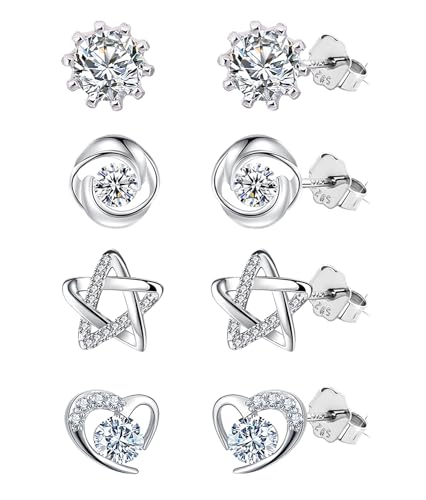 Lucktao 4 Paar ohrringe silber 925 Damen,Ohrringe,Hypoallergen Cubic Zirkonia Ohrstecker Set,herz ohrringe silber 925,stern ohrringe,Ohrringe Simulated Diamond Silber,Sleeper Knorpel Ohrstecker. von Lucktao