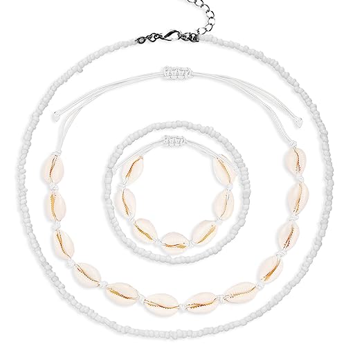 Lucktao 4 Stück Muschel Halskette Armband Set,Damen Natural Shell Choker Halsketten Armband Schmuck Set Boho Muschelkette,Halskette verstellbares Armband für Damen Mädchen Sommer Strand Schmuck. von Lucktao