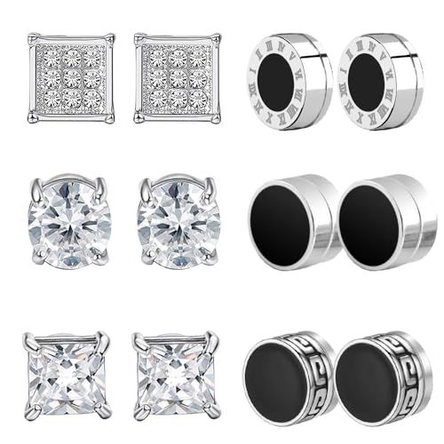 Lucktao 6 Paar Magnet Ohrringe Herren,Rund Ohrstecker Edelstahl Für Männer Magnetische Intarsien Nicht Durchbohrend,Magnet Diamant Ohrring Clip Set Schwarz/Silbe,Schmuck Herren Damen von Lucktao