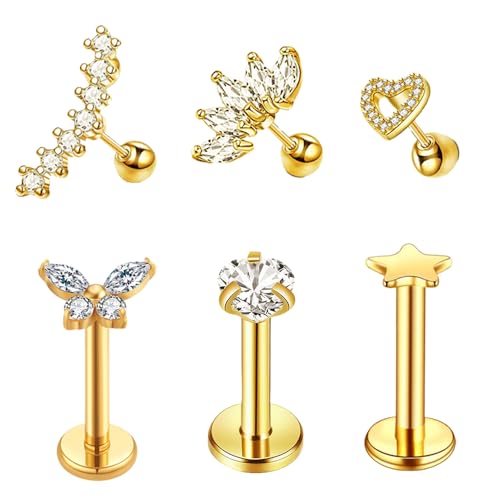 Lucktao 6 Sätze tragus piercing gold,helix piercings,Tragus Piercing mit Schmetterling Schlange Diamond，Ohrring Piercing Stecker Ohr Knorpel Kristall Diamant,Tragus Piercing Roségold schmuck von Lucktao