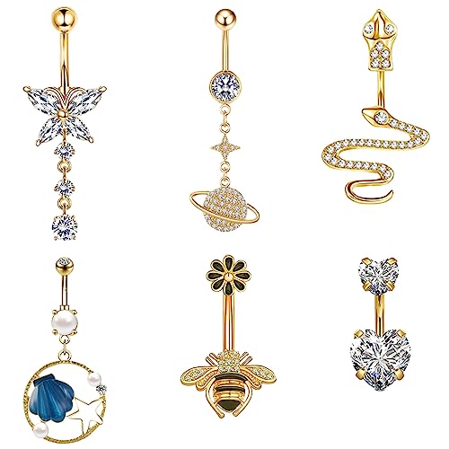 Lucktao 6 Stück 14G Bauchnabelpiercing Chirurgenstahl,gold bauchnabelpiercing,für Damen Mädchen Langer Anhänger Bauch Piercing Cubic Zirkonia Herz Schlange Schmetterling Bauchnabelpiercing von Lucktao