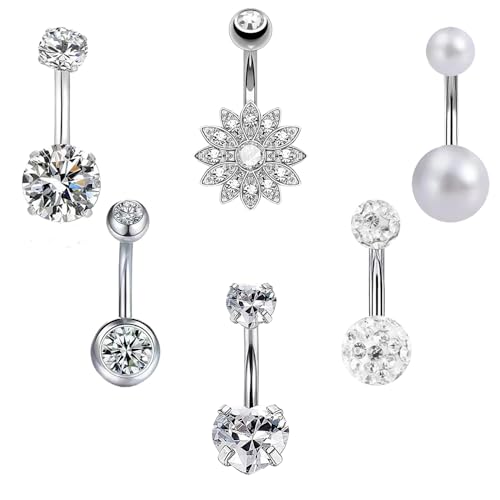 Lucktao 6 Stück Bauchnabelpiercing Chirurgenstahl,Bauchnabelpiercing Barbell Set,Chirurgenstahl Piercing Schmuck Silber 10mm,herz Perle Diamant Bauchpiercing für Damen Geschenk Körper schmuck… von Lucktao