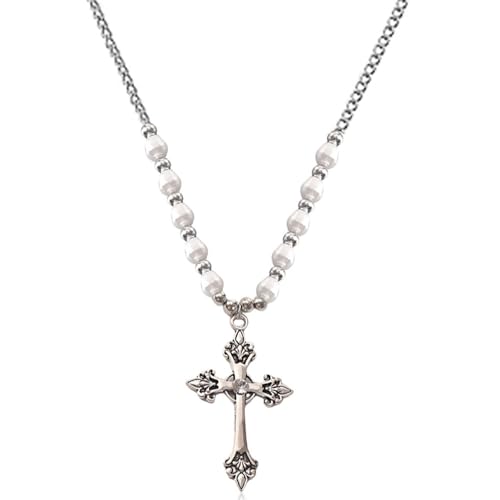 Lucktao Kreuz Kette Damen,Religiöse Vintage Perlenkette Perlen Halskette Silber,Kreuz Anhänger Choker Halskette Glänzend,Kreuz Anhänger Halskette Glänzend,Vintage Jesus Kreuz Perlen Halskette von Lucktao