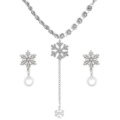 Lucktao Schneeflocke Halskette Tropfen Ohrringe，Silber Schneeflocke Schmuckset für Damen Edlem Schneeflocken-Anhänger Halskette und Schneeflocke Perle Ohrringe，Geschenk für Mutter Frau Freundin von Lucktao