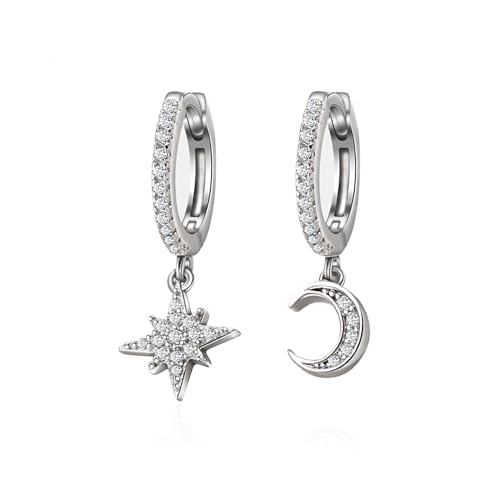 Lucktao Sterling ohrringe silber 925 hängend,Asymmetrische Ohrringe für Damen Ohrhänger Set mit Zirkonia,Hypoallergen Hänge ohrringe silber hängend,Mond Stern Anhänger,Ohrringe mit Geschenkbox von Lucktao