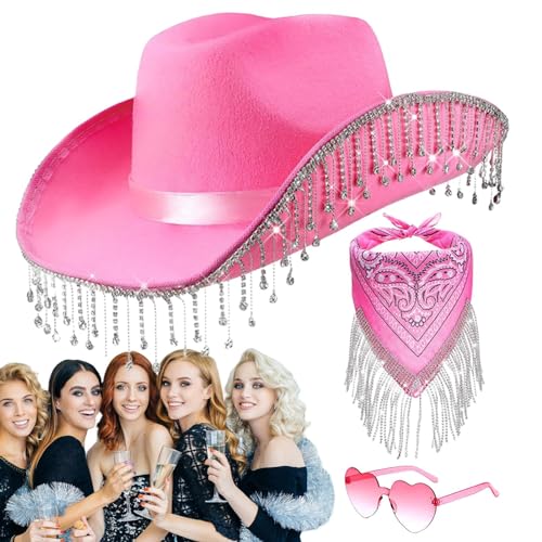 Cowgirl-Hut- und Schal-Sets, Cowgirl-Hut für Party | 3 Stück Cowgirl-Schal für Damen - Herz-Brillen-Set für Halloween, Maskerade, Abschlussfeier, Cosplay-Zubehör Luckxing von Luckxing