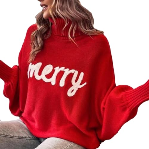 Luckxing Feiertags-Rollkragenpullover | Fröhliche Weihnachtspullover mit Fledermausärmeln für Damen,Strickpullover für Outdoor-Aktivitäten, Herbstoutfits für Frauen und Mädchen von Luckxing