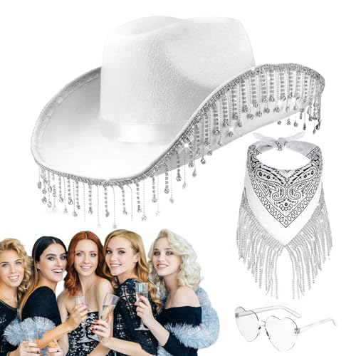 Strass-Quasten-Cowgirl-Hut, Strass-Cowgirl-Hüte für Frauen - 3-teiliges Set Western-Cowboyhut mit herzförmiger Sonnenbrille - Herz-Brillen-Set für Halloween, Maskerade, Abschlussfeier, Luckxing von Luckxing