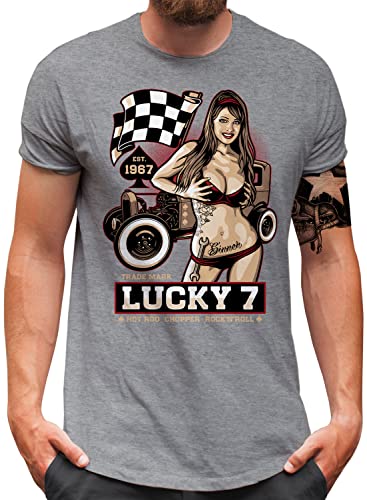 Lucky 7® T-Shirt | Herren | Auto Hot Rod Racing Flag Pin Up Girl | Grau, 5XL von Lucky 7