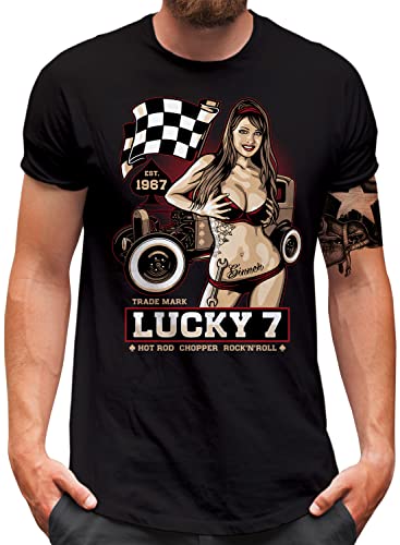 Lucky 7® T-Shirt | Herren | Auto Hot Rod Racing Flag Pin Up Girl | Schwarz, 4XL von Lucky 7