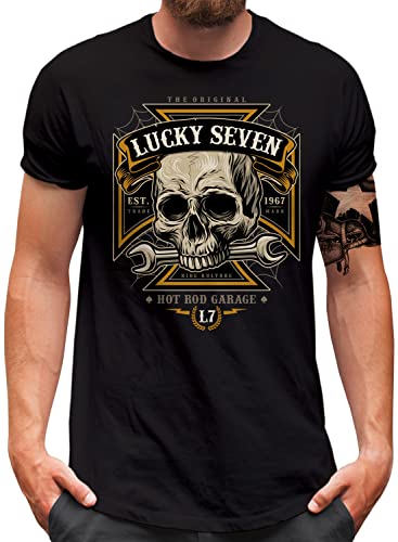 Lucky 7® T-Shirt | Herren | Auto Tuning Hot Rod Racing Skull Cross | Schwarz, 3XL von Lucky 7