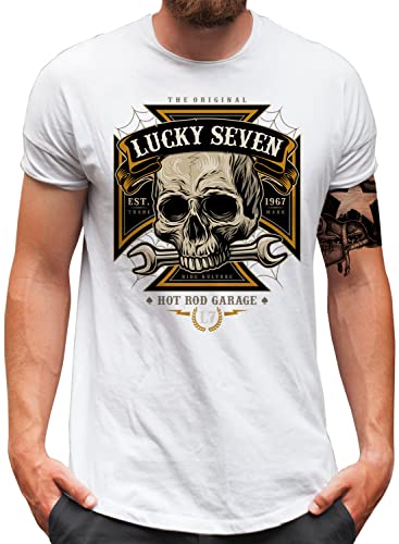 Lucky 7® T-Shirt - Herren - Auto Tuning Hot Rod Racing Skull Cross - Weiß, L von Lucky 7