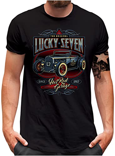 Lucky 7® T-Shirt - Herren - Auto Tuning Oldschool Custom Hot Rod Racing - Schwarz, XL von Lucky 7