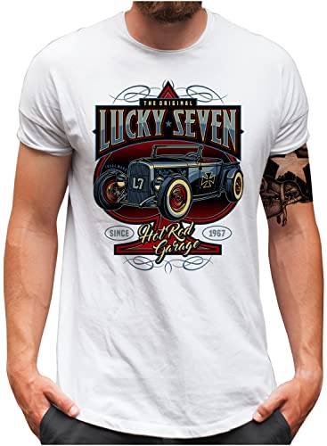 Lucky 7® T-Shirt - Herren - Auto Tuning Oldschool Custom Hot Rod Racing - Weiß, 4XL von Lucky 7