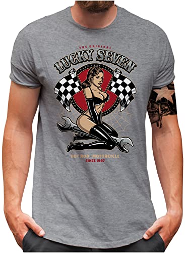 Lucky 7® T-Shirt - Herren - Auto Tuning Racing Flag Pin Up Girl - Grau, L von Lucky 7