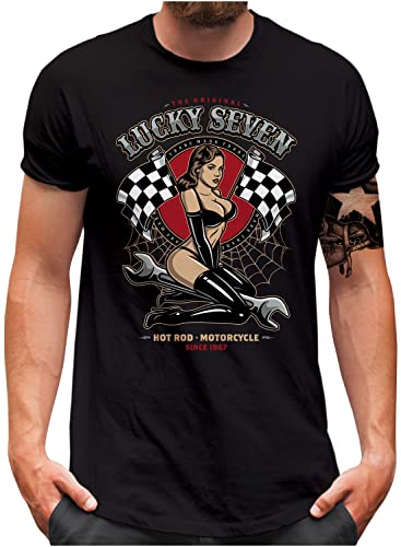 Lucky 7® T-Shirt - Herren - Auto Tuning Racing Flag Pin Up Girl - Schwarz, XL von Lucky 7