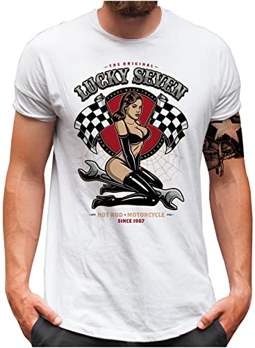 Lucky 7® T-Shirt - Herren - Auto Tuning Racing Flag Pin Up Girl - Weiß, M von Lucky 7
