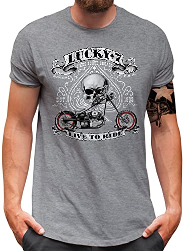 Lucky 7® T-Shirt | Herren | Biker Totenkopf Skull Custom Chopper Motorrad | Grau, L von Lucky 7