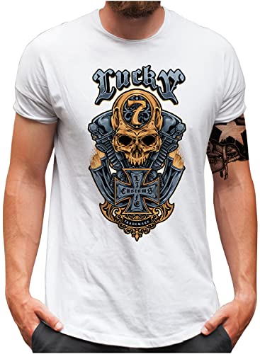 Lucky 7® T-Shirt - Herren - Long Block V Engine Bike Motorrad Lucky Seven - Weiß, XXL von Lucky 7