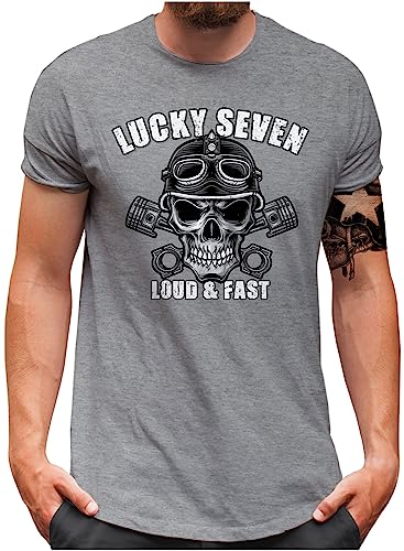 Lucky 7® T-Shirt | Herren | Motorcycle Biker Skull Oldschool Totenkopf Loud n Fast Tuning Garage | Grau, 4XL von Lucky 7