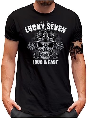 Lucky 7® T-Shirt - Herren - Motorcycle Biker Skull Oldschool Totenkopf Loud n Fast Tuning Garage - Schwarz, L von Lucky 7