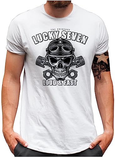 Lucky 7® T-Shirt - Herren - Motorcycle Biker Skull Oldschool Totenkopf Loud n Fast Tuning Garage - Weiß, XXL von Lucky 7