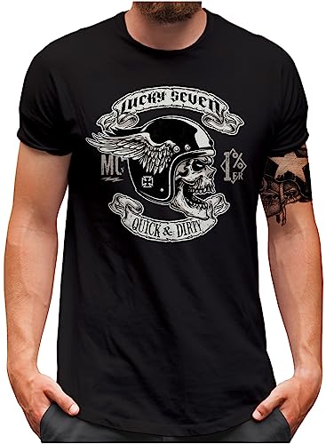 Lucky 7® T-Shirt | Herren | Motorcycle Biker Skull Oldschool Totenkopf Motorrad | Schwarz, 5XL von Lucky 7