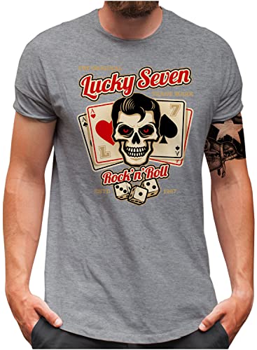 Lucky 7® T-Shirt - Herren - Oldschool Gambling Rockabilly Greaser Skull - Grau, 4XL von Lucky 7