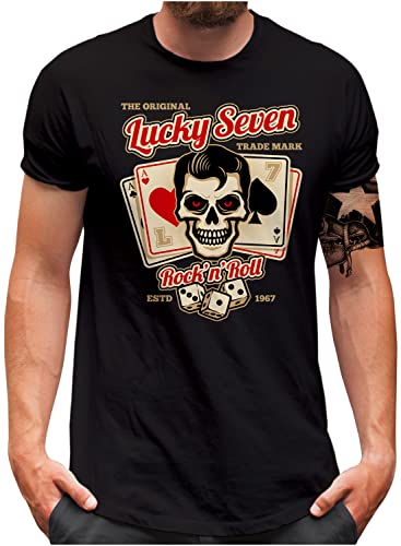 Lucky 7® T-Shirt | Herren | Oldschool Gambling Rockabilly Greaser Skull | Schwarz, 4XL von Lucky 7