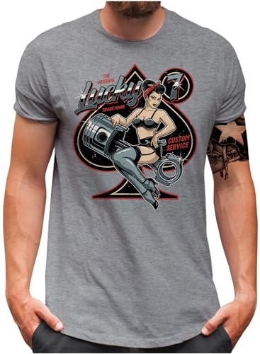 Lucky 7® T-Shirt - Herren - Oldschool Hot Rod Garage Piston Ace of Spades Racing Auto Tuning - Grau, 3XL von Lucky 7