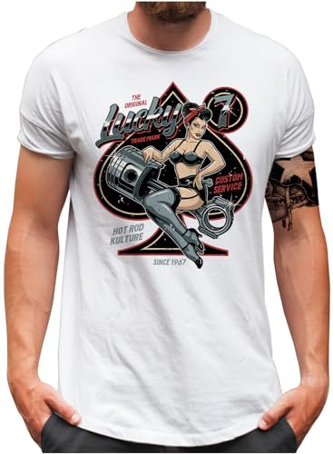 Lucky 7® T-Shirt - Herren - Oldschool Hot Rod Garage Piston Ace of Spades Racing Auto Tuning - Weiß, 4XL von Lucky 7