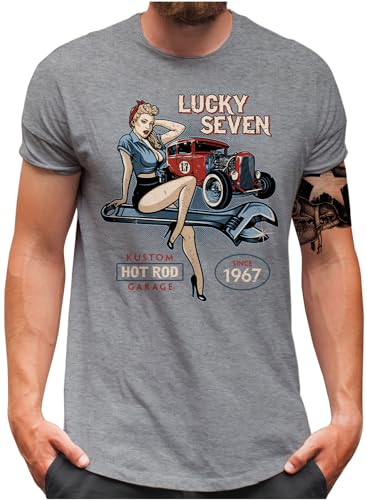 Lucky 7® T-Shirt - Herren - Oldschool Hot Rod Pin Up Girl Garage Racing Auto Tuning - Grau, XL von Lucky 7