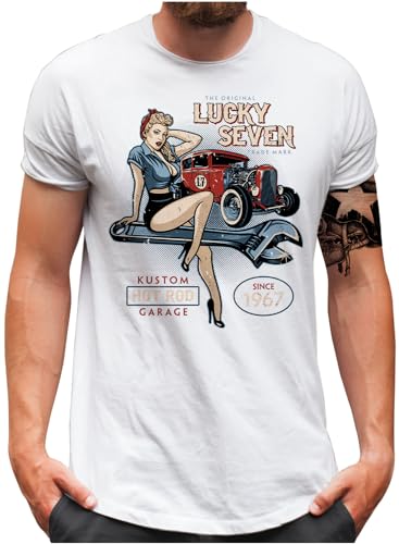 Lucky 7® T-Shirt - Herren - Oldschool Hot Rod Pin Up Girl Garage Racing Auto Tuning - Weiß, XXL von Lucky 7
