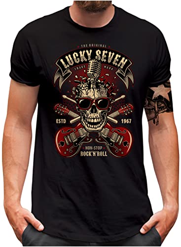 Lucky 7® T-Shirt - Herren - Rock n Roll Musik Gitarre Greaser Skull Rockabilly - Schwarz, 4XL von Lucky 7