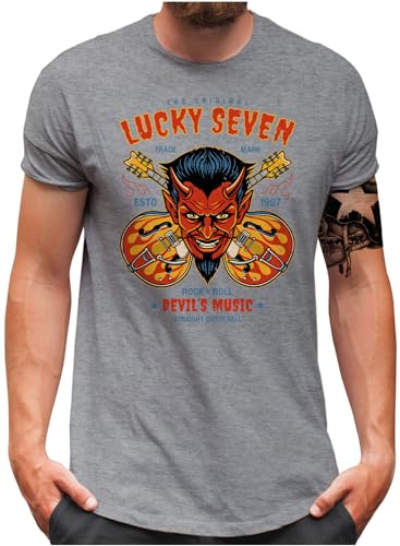 Lucky 7® T-Shirt - Herren - Rockabilly Hell Devil's Music Guitar Biker RNR 50's L7 - Grau, XXL von Lucky 7