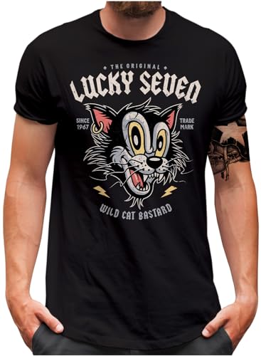 Lucky 7® T-Shirt - Herren - Vintage Badge Wild Cat Lucky Seven L7 - Schwarz, XL von Lucky 7