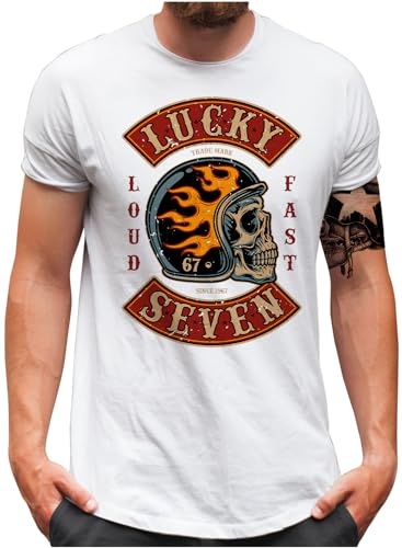 Lucky 7® T-Shirt - Herren - Vintage Flame Skull Hell Racer Loud & Fast Chopper Biker L7 - Weiß, XXL von Lucky 7