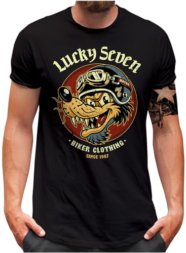 Lucky 7® T-Shirt - Herren - Vintage Motorbike Retro Wolf Lucky Seven Biker L7 - Schwarz, 4XL von Lucky 7
