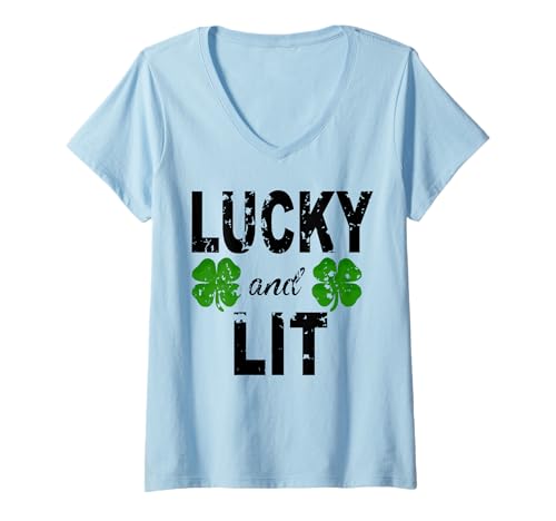 Damen Lucky and Lit St Patricks Kleeblatt Damen Herren Irisches Kleeblatt T-Shirt mit V-Ausschnitt von Lucky And Lit St Patrick's Day Funny Shamrock Gift