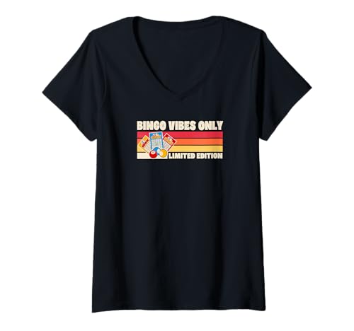 Damen Bingo Vibes Only Limited Edition Retro 70er Jahre Camp Style T-Shirt mit V-Ausschnitt von Lucky Bingo Squad Merch for Senior Bingo Night