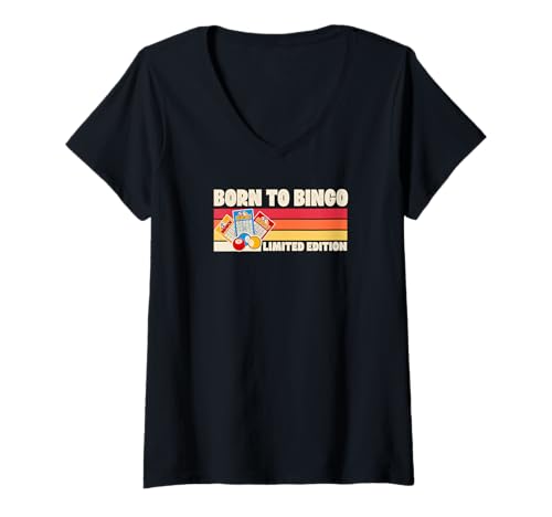 Damen Born To Bingo Limited Edition Retro 70er Jahre Camp Style Stripes T-Shirt mit V-Ausschnitt von Lucky Bingo Squad Merch for Senior Bingo Night