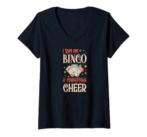 Damen I Run On Bingo And Christmas Cheer Matching X-Mas Squad T-Shirt mit V-Ausschnitt von Lucky Bingo Squad Merch for Senior Bingo Night