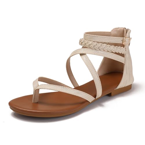 Lucky Bird Flache Damen-Sandalen für den Sommer, Gladiator-Schuhe, offener Zehenbereich, glitzernde, überkreuzte Riemen, elegante Fischer, Tanga-Sandalen für Spaziergänge, Strand, Urlaub, Hautfarben Lucky Bird Flache Damen-Sandalen für den Sommer, Gladiator-Schuhe, offener Zehenbereich, glitzernde, überkreuzte Riemen, elegante Fischer, Tanga-Sandalen für Spaziergänge, Strand, Urlaub, Hautfarben von Lucky Bird