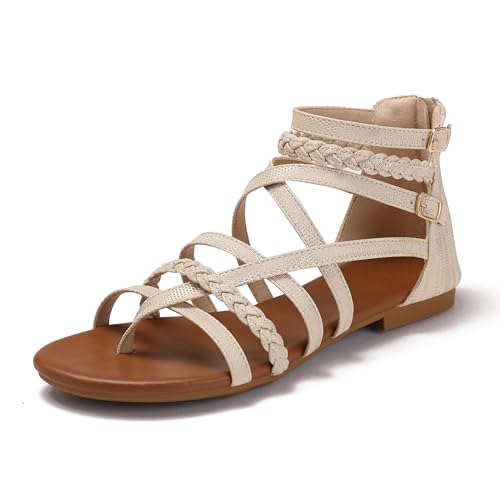Lucky Bird Flache Damen-Sandalen für den Sommer, Gladiator-Schuhe, offener Zehenbereich, glitzernde, überkreuzte Riemen, elegante Fischer, Tanga-Sandalen für Spaziergänge, Strand, Urlaub, Hautfarben Lucky Bird Flache Damen-Sandalen für den Sommer, Gladiator-Schuhe, offener Zehenbereich, glitzernde, überkreuzte Riemen, elegante Fischer, Tanga-Sandalen für Spaziergänge, Strand, Urlaub, Hautfarben von Lucky Bird