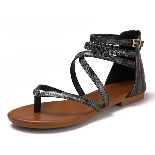 Lucky Bird Flache Damen-Sandalen für den Sommer, Gladiator-Schuhe, offener Zehenbereich, glitzernde, überkreuzte Riemen, elegante Fischer, Tanga-Sandalen für Spaziergänge, Strand, Urlaub, Schwarz Lucky Bird Flache Damen-Sandalen für den Sommer, Gladiator-Schuhe, offener Zehenbereich, glitzernde, überkreuzte Riemen, elegante Fischer, Tanga-Sandalen für Spaziergänge, Strand, Urlaub, Schwarz von Lucky Bird