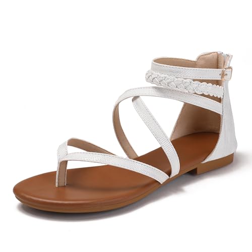 Lucky Bird Flache Damen-Sandalen für den Sommer, Gladiator-Schuhe, offener Zehenbereich, glitzernde, überkreuzte Riemen, elegante Fischer, Tanga-Sandalen für Spaziergänge, Strand, Urlaub, silber, 39 Lucky Bird Flache Damen-Sandalen für den Sommer, Gladiator-Schuhe, offener Zehenbereich, glitzernde, überkreuzte Riemen, elegante Fischer, Tanga-Sandalen für Spaziergänge, Strand, Urlaub, silber, 39 von Lucky Bird