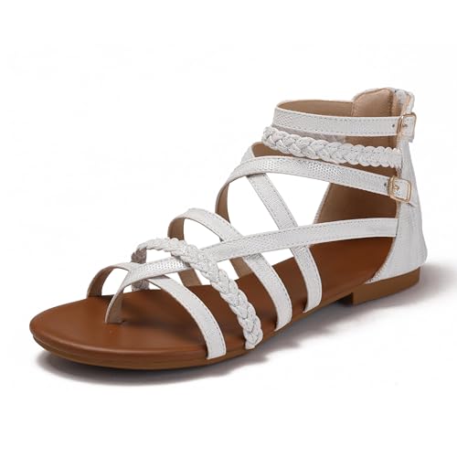 Lucky Bird Flache Damen-Sandalen für den Sommer, Gladiator-Schuhe, offener Zehenbereich, glitzernde, überkreuzte Riemen, elegante Fischer, Tanga-Sandalen für Spaziergänge, Strand, Urlaub, silber, 35.5 Lucky Bird Flache Damen-Sandalen für den Sommer, Gladiator-Schuhe, offener Zehenbereich, glitzernde, überkreuzte Riemen, elegante Fischer, Tanga-Sandalen für Spaziergänge, Strand, Urlaub, silber, 35.5 von Lucky Bird